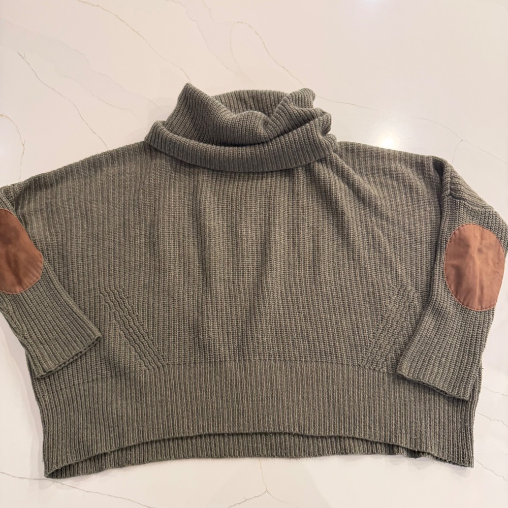 Autumn Cashmere Olive Green Ribbed Turtleneck Sweater Suede Elbow Patches S